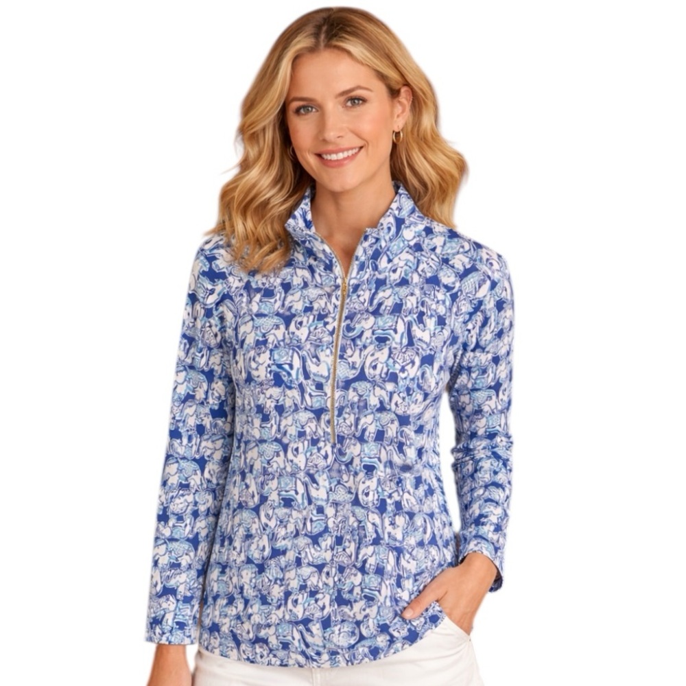 Lilly Pulitzer "Get Trunky" Skipper Popover | Blue Elephant Print | Small, S
S